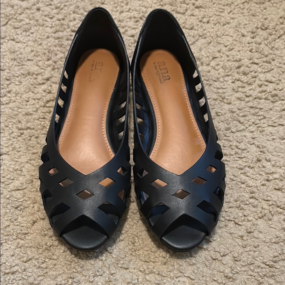 A.N.A Black Leather Loafers with Woven Design
